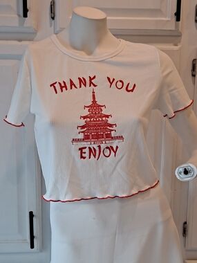 Love J White Ribbed Crop Top W/Red Pagoda Graphic Thank You Chinese Takeout NWT